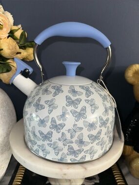 Aqua White Butterfly Pattern Whistling Teakettle with Light Blue Handle